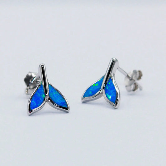 Hawaiian Trendy Whale Tail Studs   Sparkling Blue Opal Earrings Cute Ocean Theme Jewelry