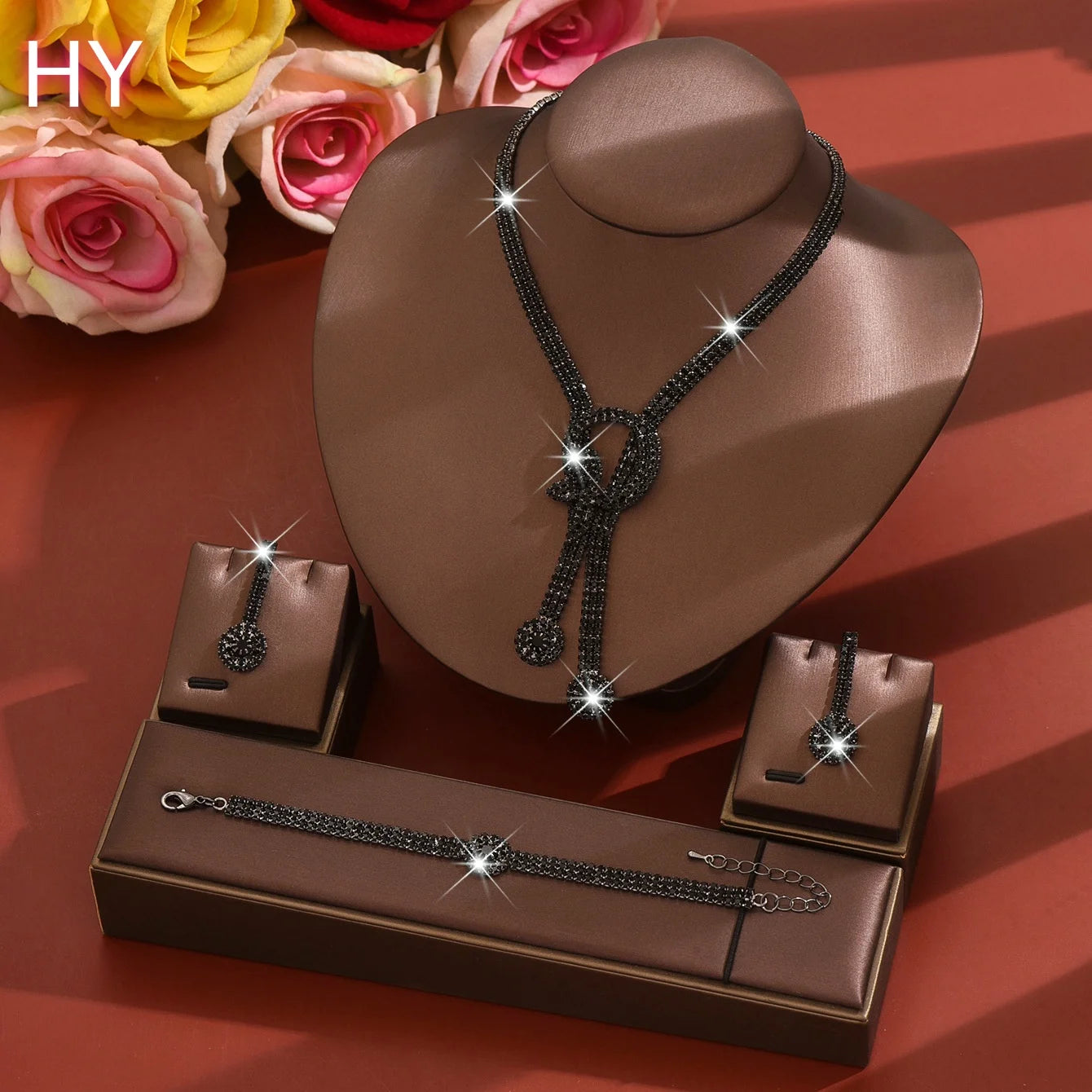 HY New European American Style Rhinestone Tassel Knot Women's Bridal Earrings Necklace Bracelet Jewelry Set