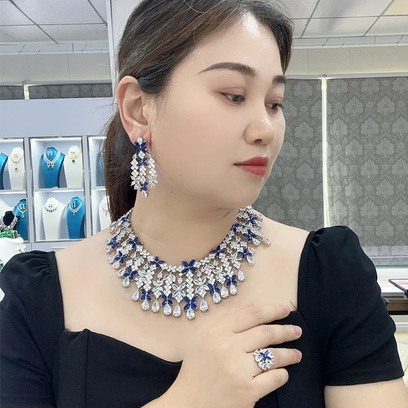 S&S Classic and Exaggerated Luxurious Zircon butterfly Tassel Necklace Earrings and Ring Set for Parties and Dinners