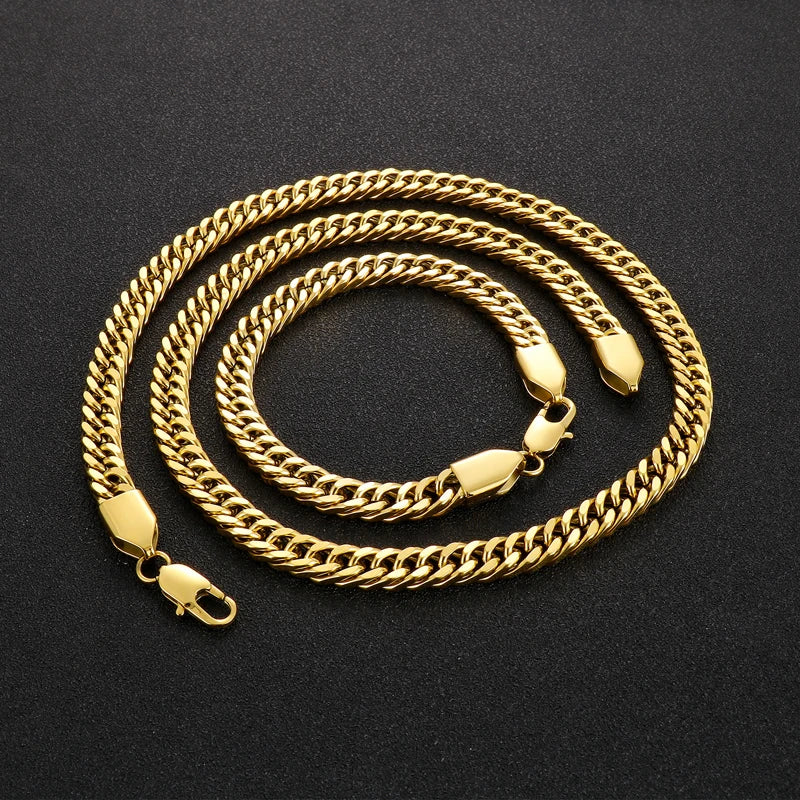 REBEL Hip-hop Stainless Steel Cuban 600mm Necklace and 215mm Bracelet Jewelry Set