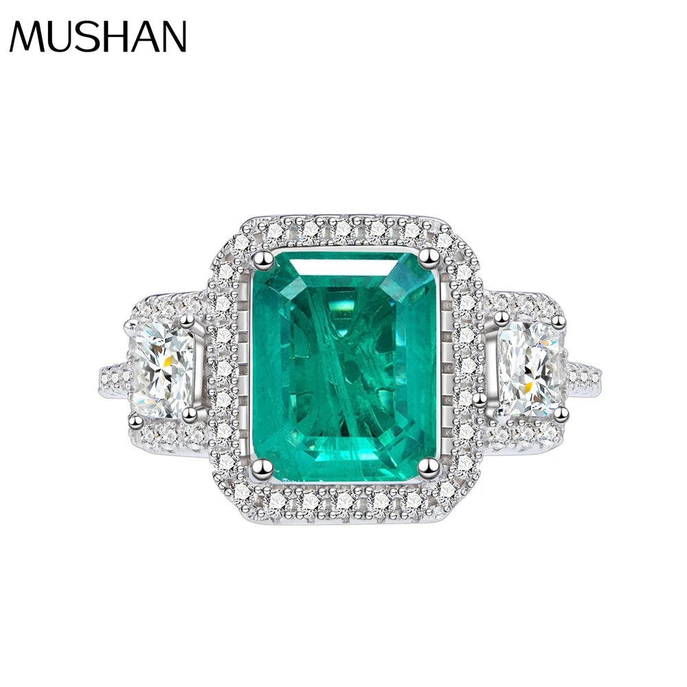 MuShan Jewelry Factory New 8 * 10mm Blue Green with Cotton Emerald Ring Women Pure Silver Simulation Gemstone Silver Jewelry