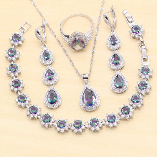 Rainbow Zircon 925 Sterling Silver Women's Jewelry Set Wedding Ring Earrings Necklace Bracelet for Party or Christmas Gift