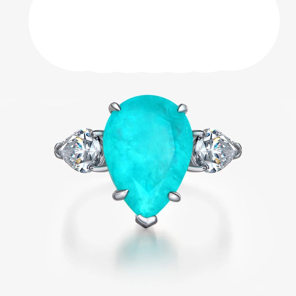 MUSHAN 925 Sterling Silver Luxury Pave Setting CMA Certified Waterdrop Zircon Wedding Party Rings Synthetic Paraiba 6ct Blue