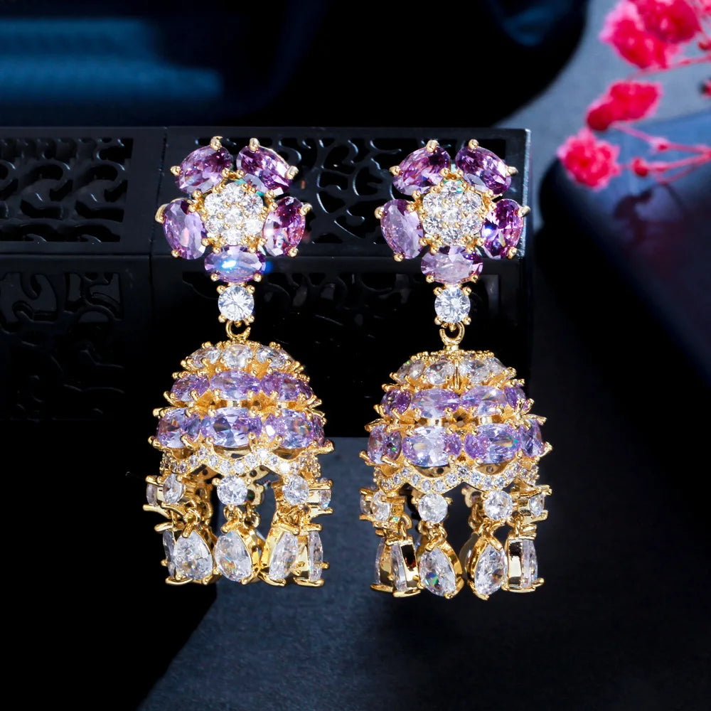 Luxury Purple Cubic Zirconia Crystal Indian Gold Plated Gypsy Bell Dangly Drop Long Earrings for Women Party Costume Jewelry