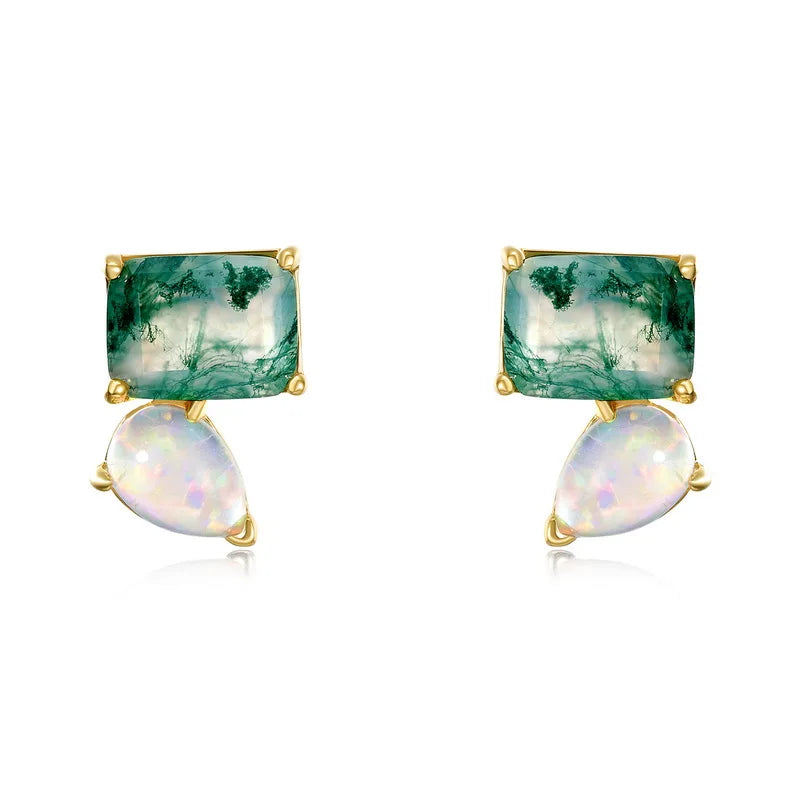 925 Sterling Silver Natural Moss Agate Opal Jewelry Set 14K Gold Plated Emerald Cut Jewelry Set for Women