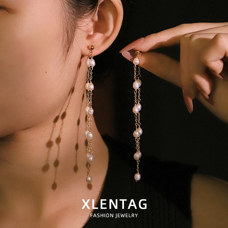 Natural Freshwater Pearl Copper Bead Chain Earrings Handmade Design Earrings Banquet Wife Women's Jewelry GE1732