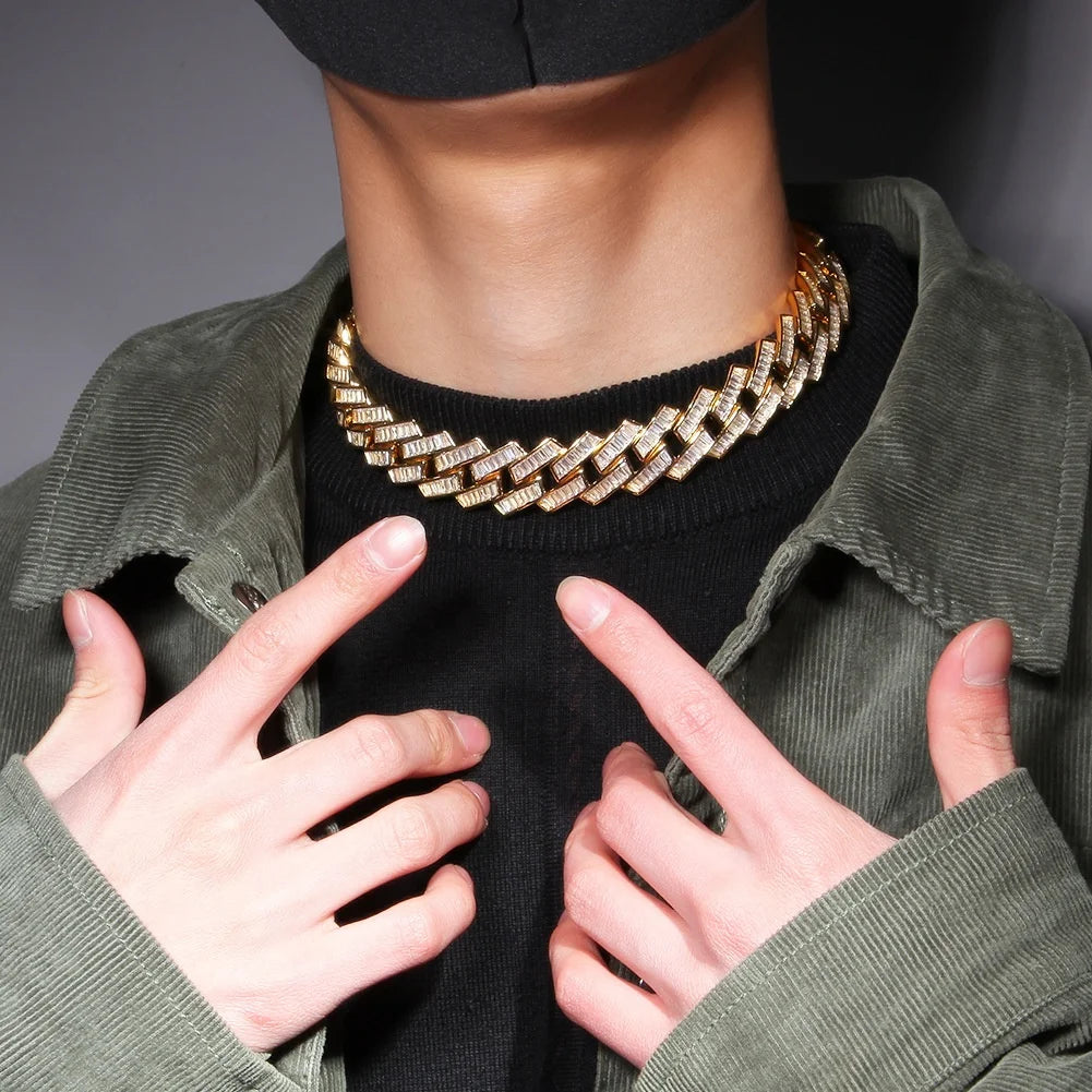 New 20mm Hip Hop Miami Cuban Chain Brass Iced Out Baguette Square Zirconia Necklace Jewelry for Men Women Iced Cuban Link Chains