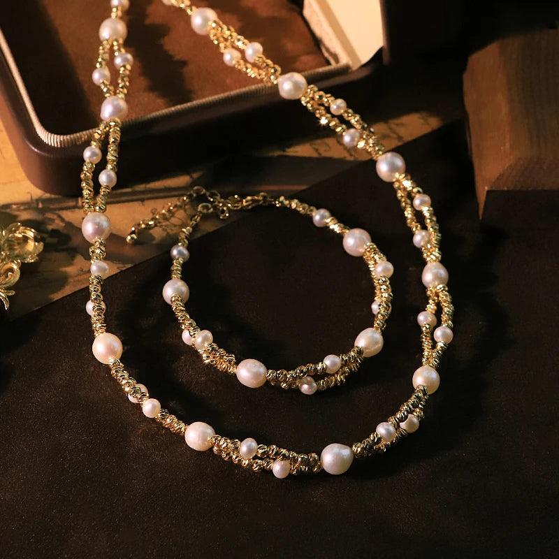 GLSEEVO Natural Freshwater Pearl & Twisted Gold Wire 2-Piece Jewellery Set — Necklace & Bracelet