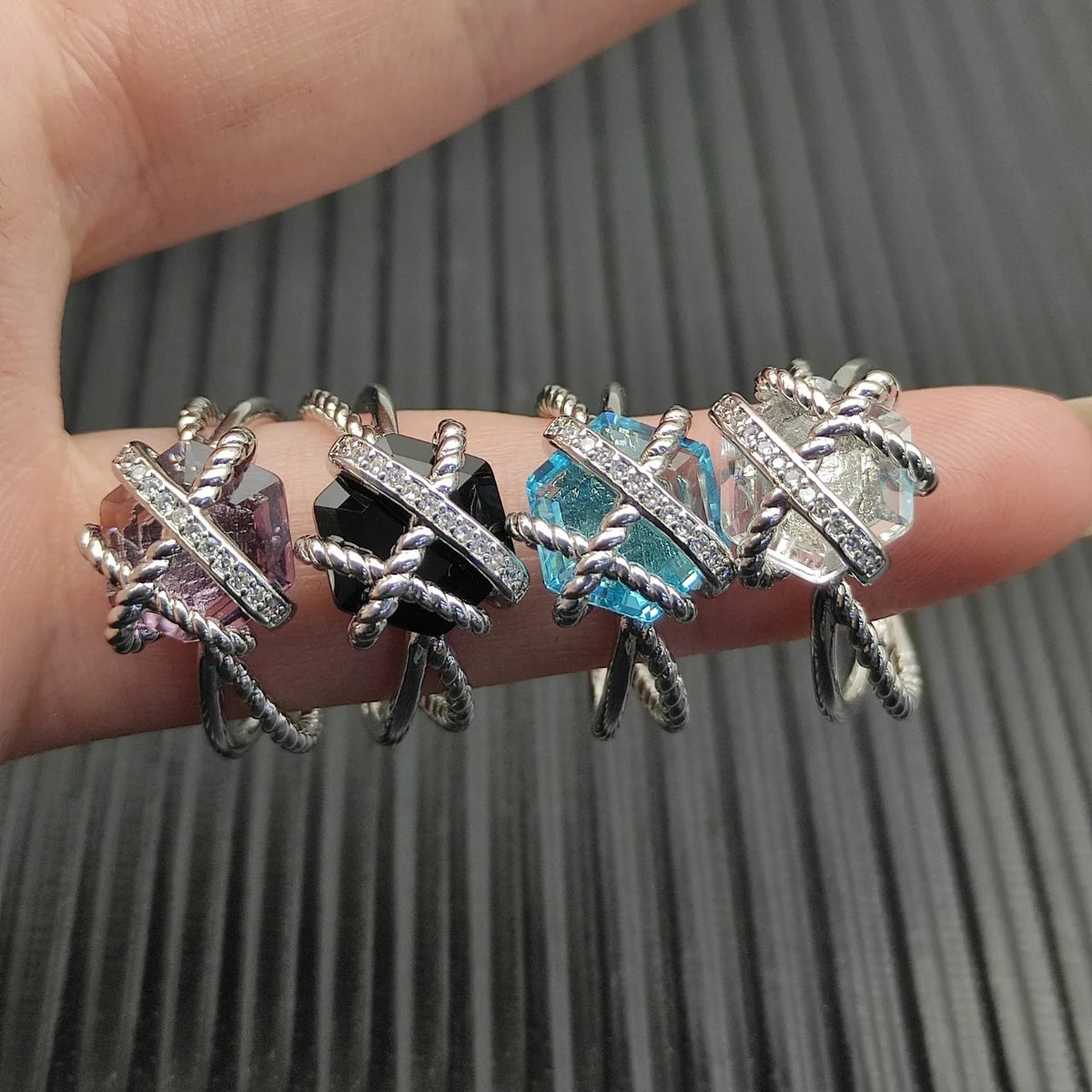 FASHIONISTA DY High-Quality Silver-Plated 11mm Hexagonal Diamond-Set Ring, Silver-Plated Colored Gemstone Inlaid Ring, Jewelry