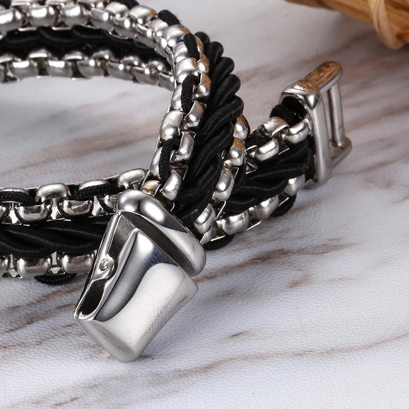 KALEN Silver Color Stainless Steel Bangle Leather Men Bracelet