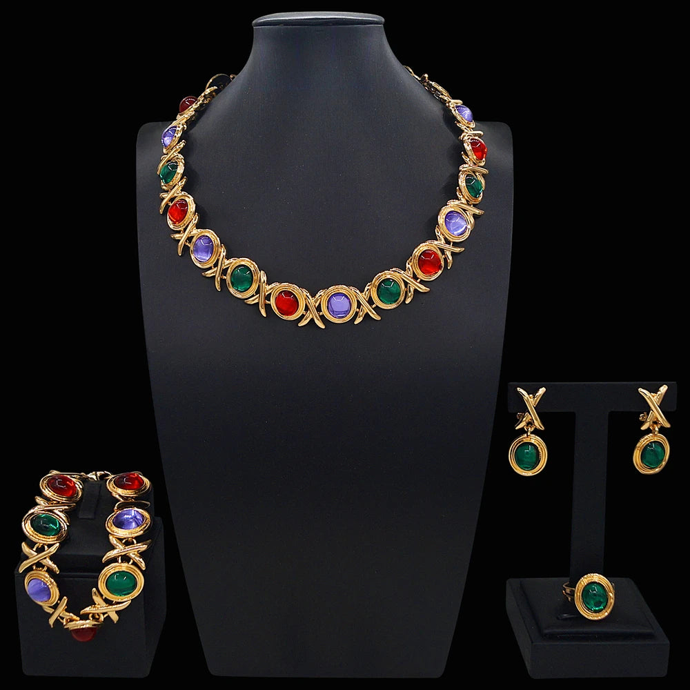 Zhuerrui Luxurious and Charming Gold-plated Jewelry Set, High-end and Dazzling Gemstone Jewelry for African Brides