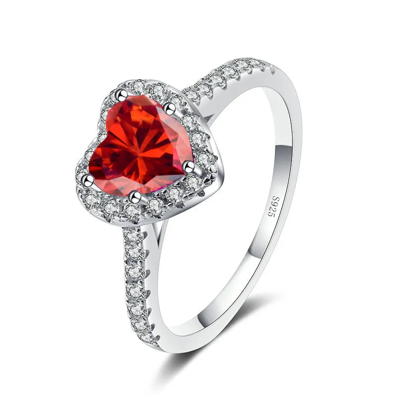 Wholesale Fine Jewelry S925 Sterling Silver Love Heart Ring Light Luxury 1Carat Colorful Heart Shaped Moissanite Engagement Ring