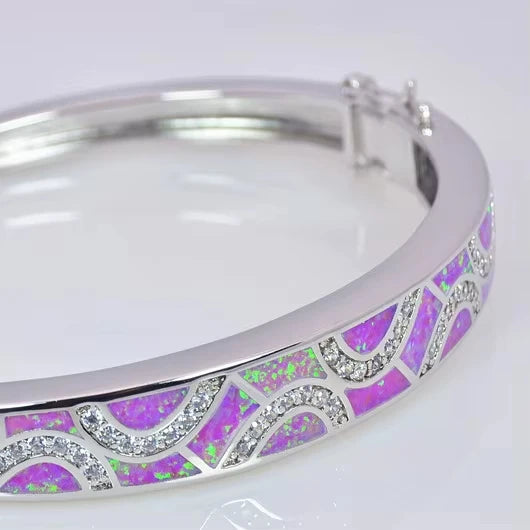 Shimmering Opal Bangle Aobao Greek Key Geometric Design Silver Tone Jewelry