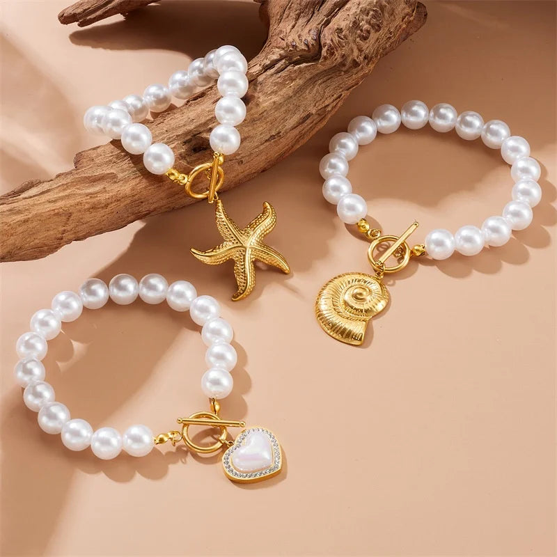 Women's French Vintage Design Pearl Chain Gold-plated OT Clasp Stainless Steel Scallop Starfish Pendant Bracelet Necklace Set