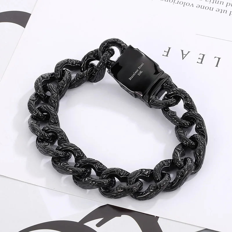 REBEL 220mm Men Punk Black Stainless Steel Skull Charms Cuban Links Bracelet