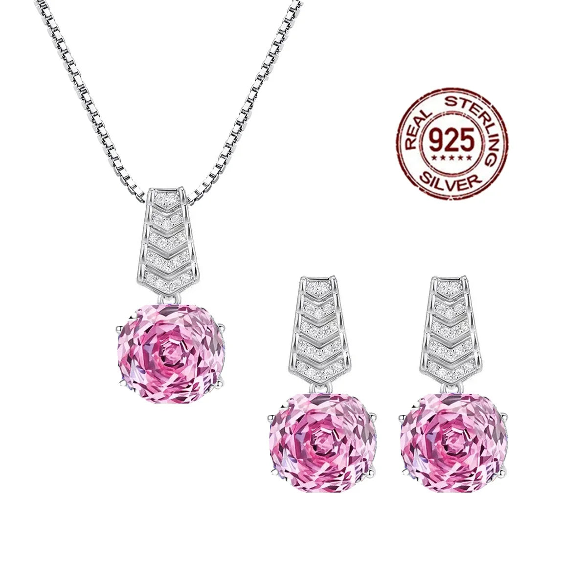 S925 Sterling Silver Pendant Necklace and Earrings Hypoallergenic Rose-Cut Cubic Zirconia V-Shaped Ladder Design Jewelry Set