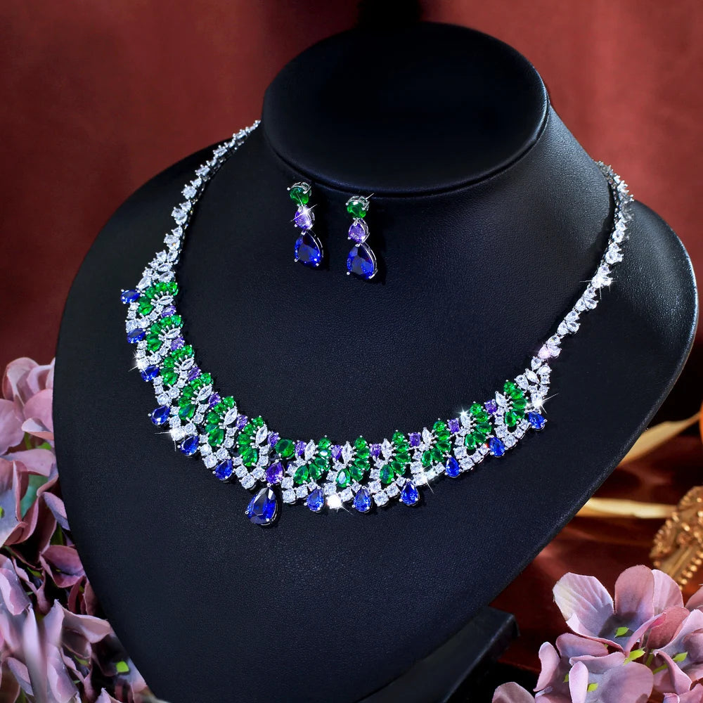 Vintage Shiny Blue Green Cubic Zirconia Necklace Earrings Luxury Water Drop Bridal Wedding Evening Party Jewelry Set for Women