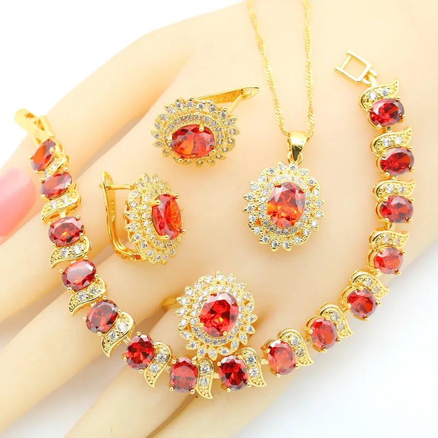 XOTICA 2023 New Red Zirconia Crystal Jewellery Set for Women Including Bracelet Earrings Ring Pendent Necklace for Wedding Engagement