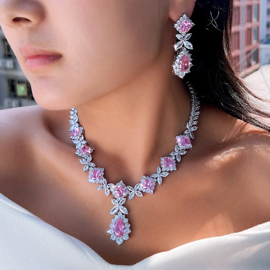 2024 Luxury Super Gorgeous Leaf Drop Pink Cubic Zirconia Dinner Wedding Bridal Necklace Earrings Top Jewelry Sets for Brides