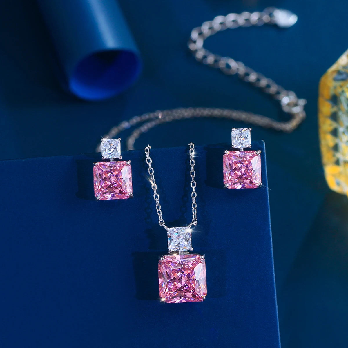 Elegant Fine Zirconia Jewelry Set 925 Sterling Silver Pink CZ Square Pendant Necklace Earrings Jewelry Set for Women Party Gifts