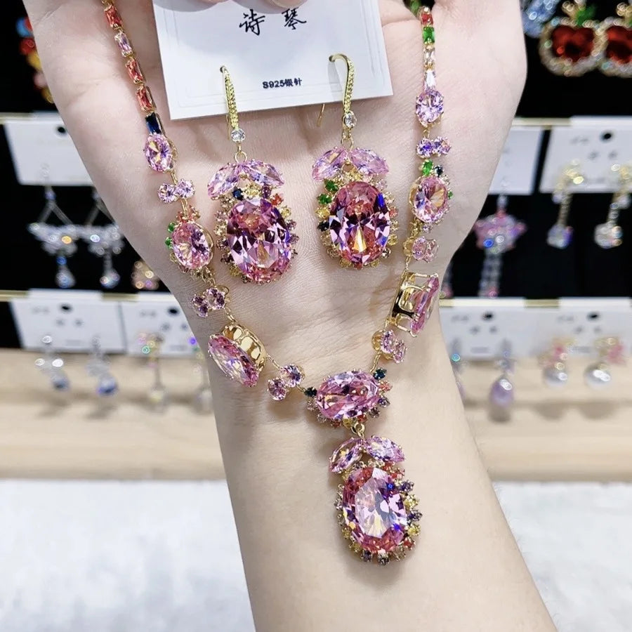 K055 High End Trendy Luxury Exquisite Multi Zircon Necklace and Earrings Set Women Elegant Jewelry Set for Party