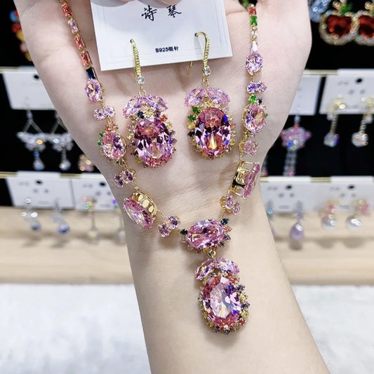 K055 High End Trendy Luxury Exquisite Multi Zircon Necklace and Earrings Set Women Elegant Jewelry Set for Party