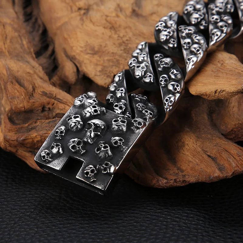 REBEL Retro Punk Fine Jewelry Fashion Bracelets Stainless Steel Skulls Cuban Links Bracelet
