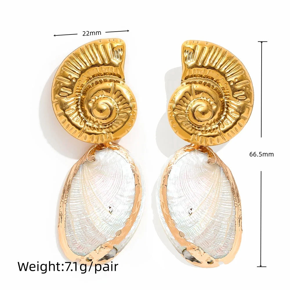 Joolim PVD Plated Wholesale Waterproof Fashion Statement Beach Natural Conch Shell Dangle Hoop Earring Stainless Steel Jewelry