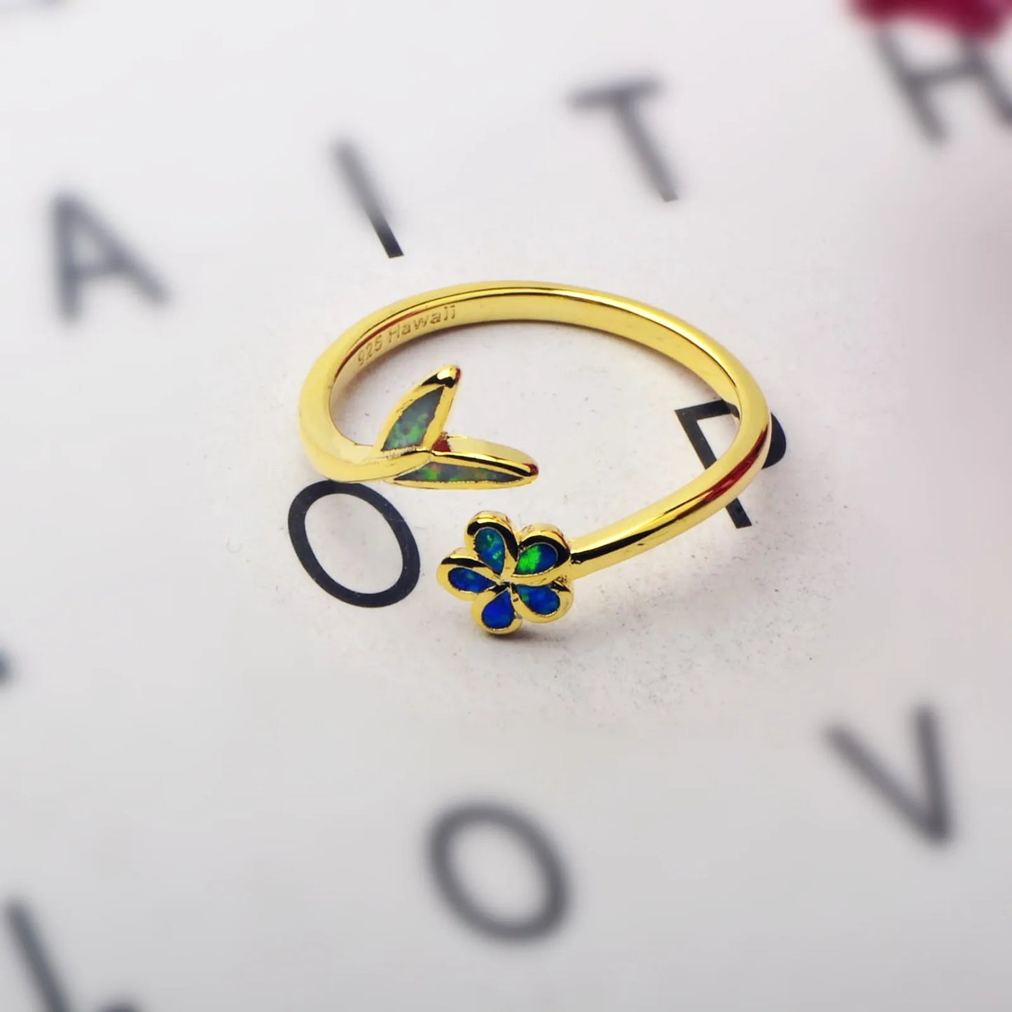 Floral & Leaf Open Ring | Blue/Iridescent Opal Inlay Gold-Plated Band | Dainty Nature-Inspired Fashion Jewelry for Women