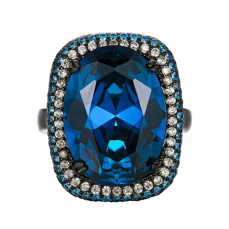 Gemfiori Luxury Vintage Gothic Royal Blue Sapphire Jewelry Set Black Gold Plated Cushion Cut Blue Gem Halo Pendant Necklace Earrings Ring