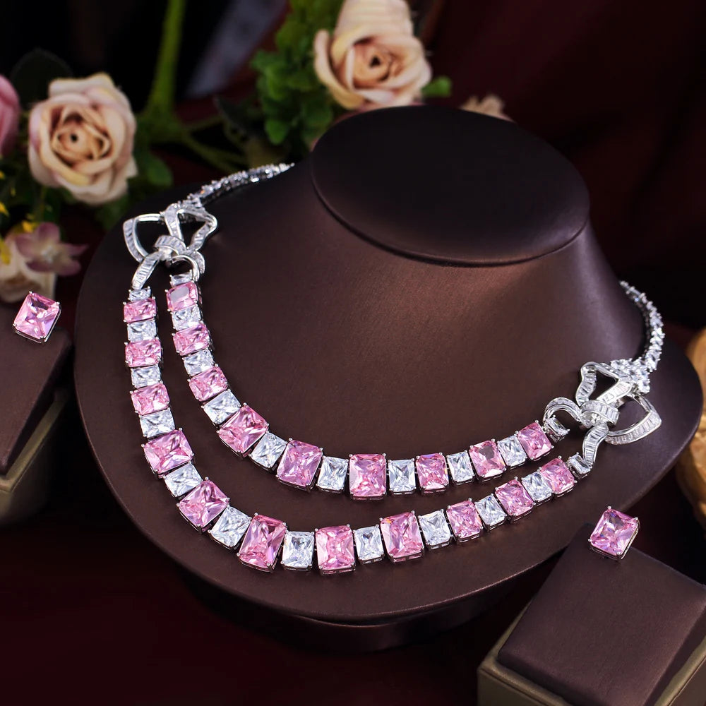 Super Shiny Luxury Design White and Pink Square Cut Cubic Zirconia Double Layer Wedding Bridal Big Jewelry Set for Women