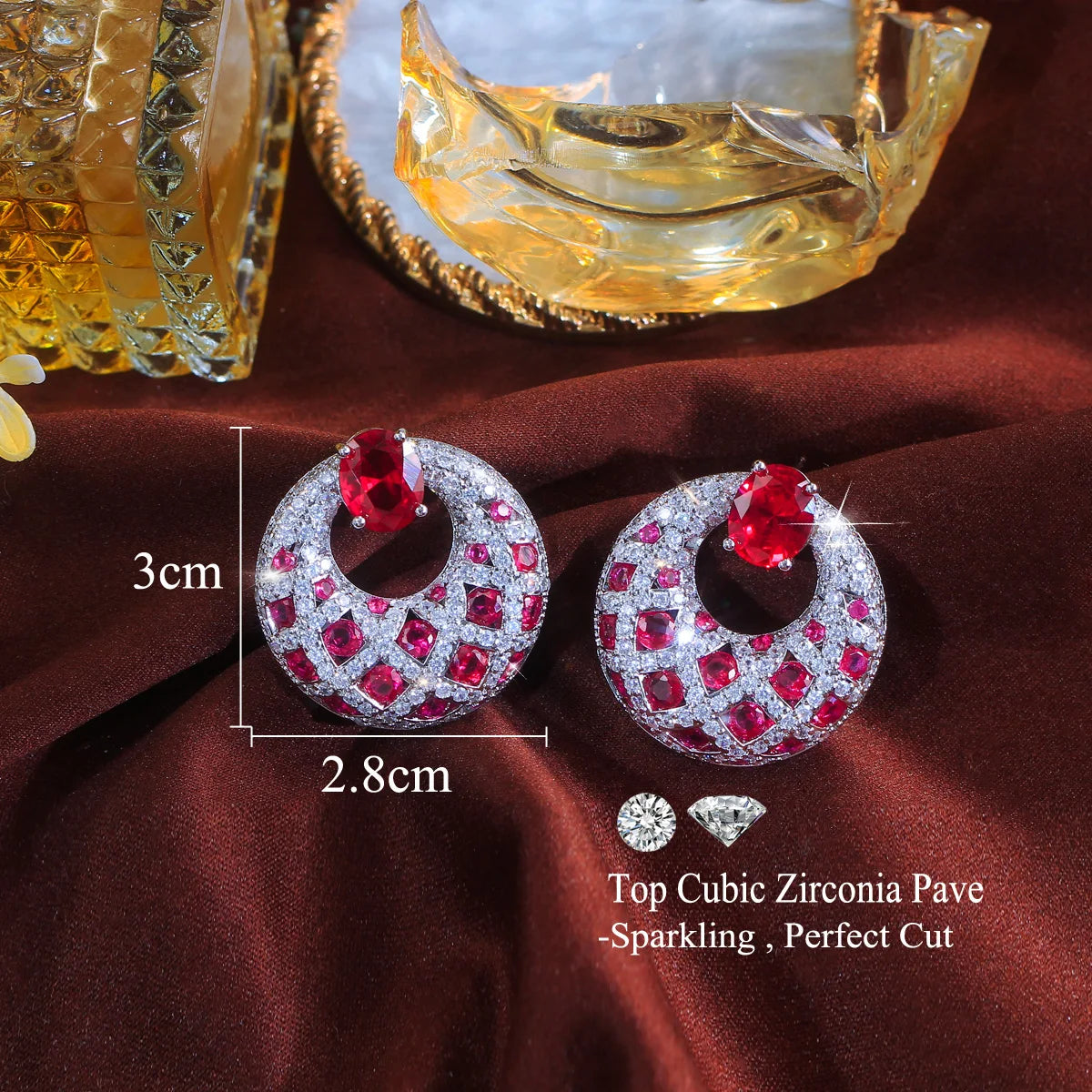 S&S Pink Red CZ Big Round Dangle Drop Earrings – Rhodium Silver Plated – Collection