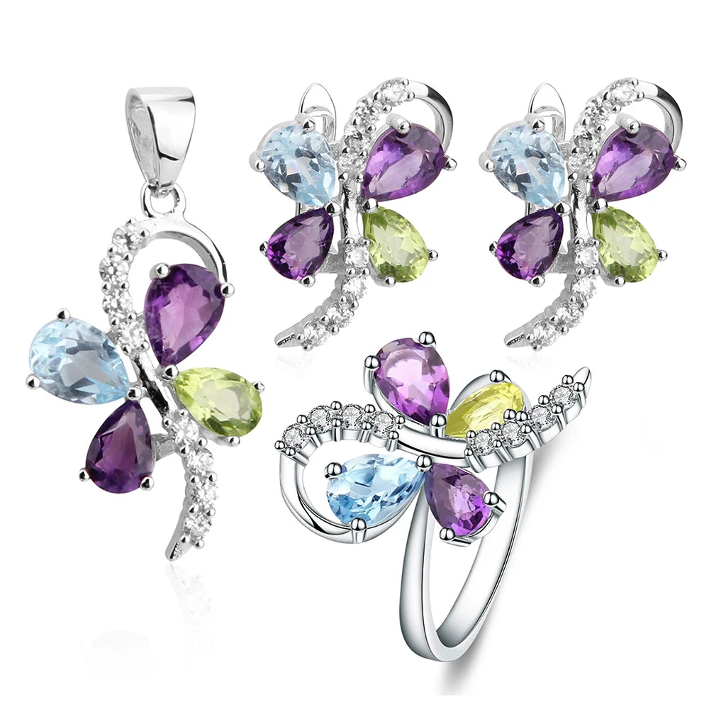 ArtistA F0333 Abiding Natural Stone Sky Blue Topaz Amethyst Peridot Mix Gemstone 925 Silver Cluster Butterfly Wedding Jewelry Set