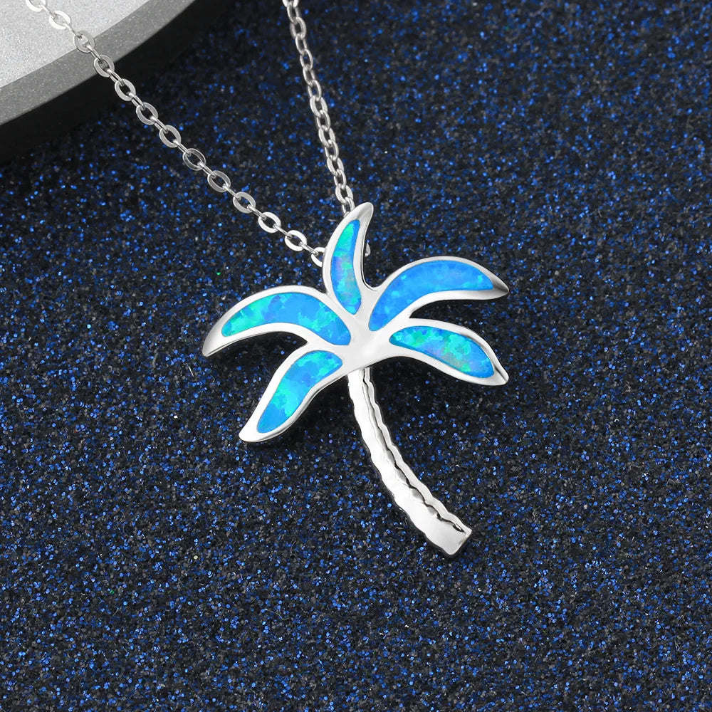 Coconut Palm Silver Plated Copper Alloy Opal Lariat Necklace for Women Aobao