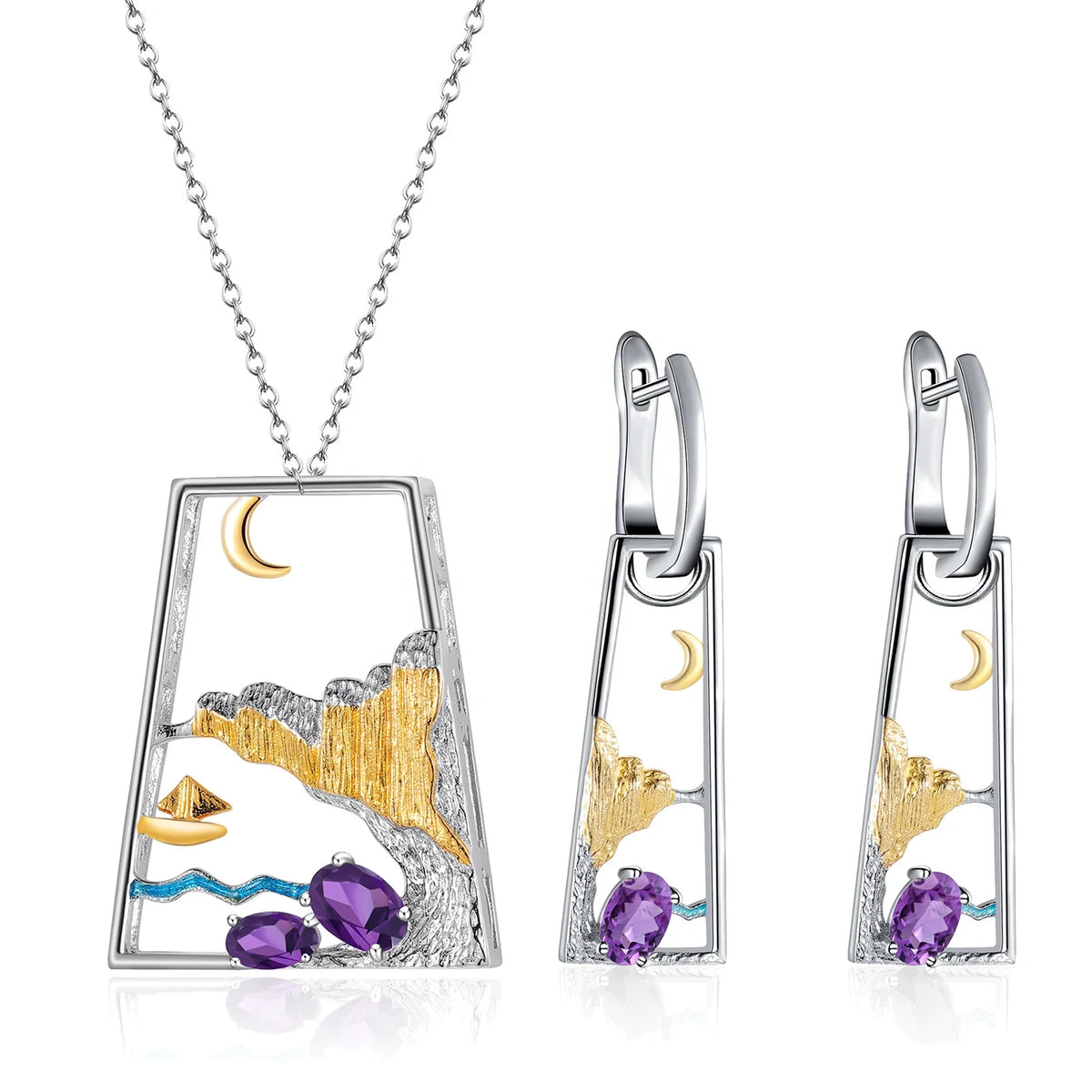 ArtistA C8208 Abiding High-end Silver 925 Landscape Natural Gemstone Swiss Blue Topaz Amethyst Peridot Earrings Pendant Jewellery Set