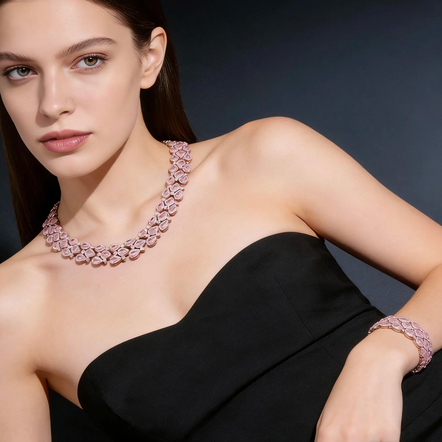 Bella Viva Elegant Pink Teardrop Cubic Zirconia Necklace & Bracelet and Earring 3pcs Jewelry Sets, for Wedding & Formal Events