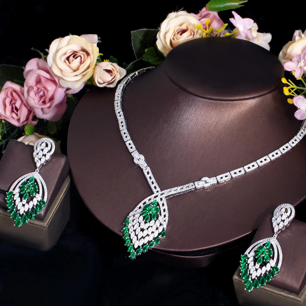 Big Chunky Dangle Drop Green Cubic Zirconia Fringed Chandelier Bridal Wedding Dubai Earring Necklace Jewelry Set
