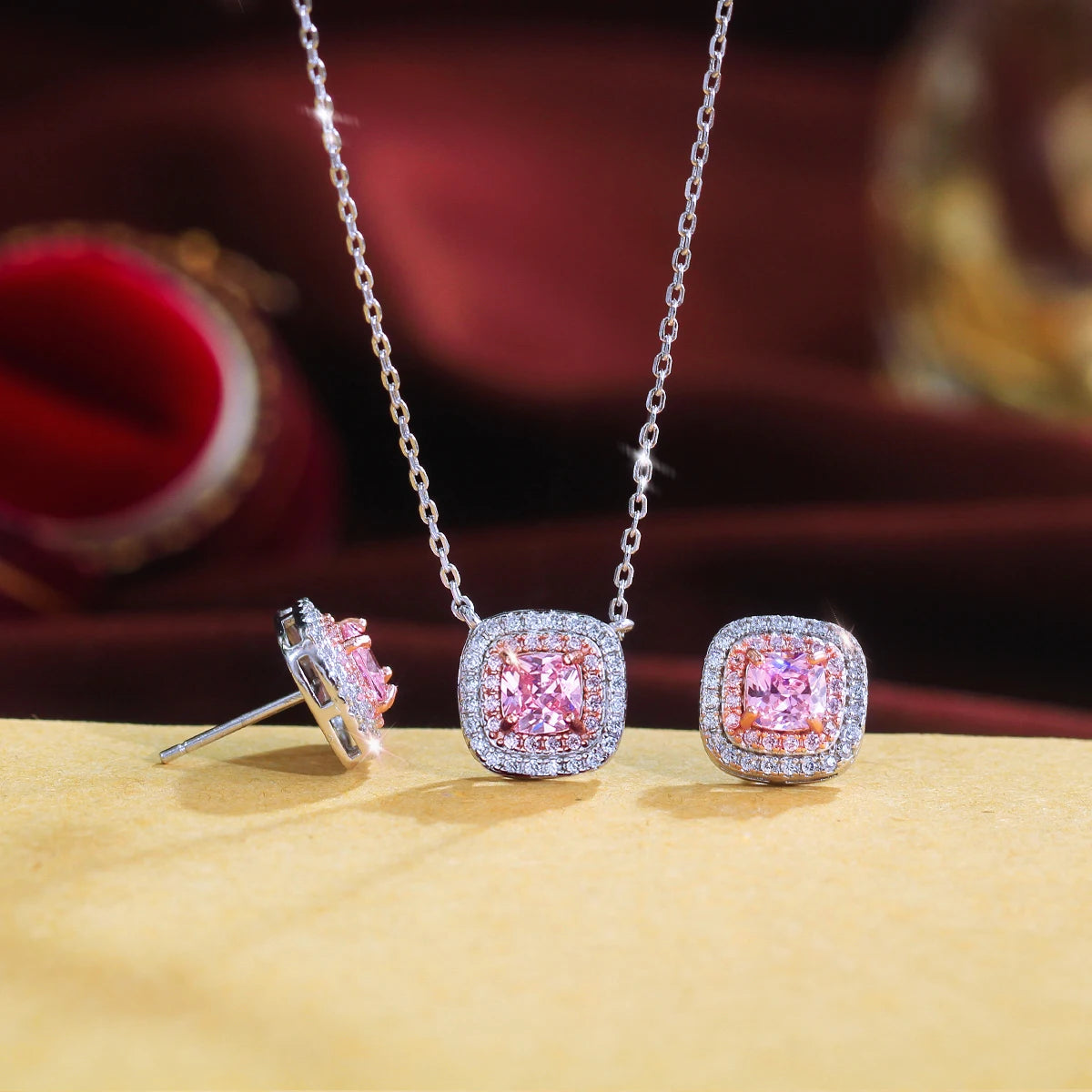2 Tones Plated Pendant Necklace and Earrings S925 Sterling Silver Jewelry Pink Color Cubic Zircon Jewelry Set for Mothers Day