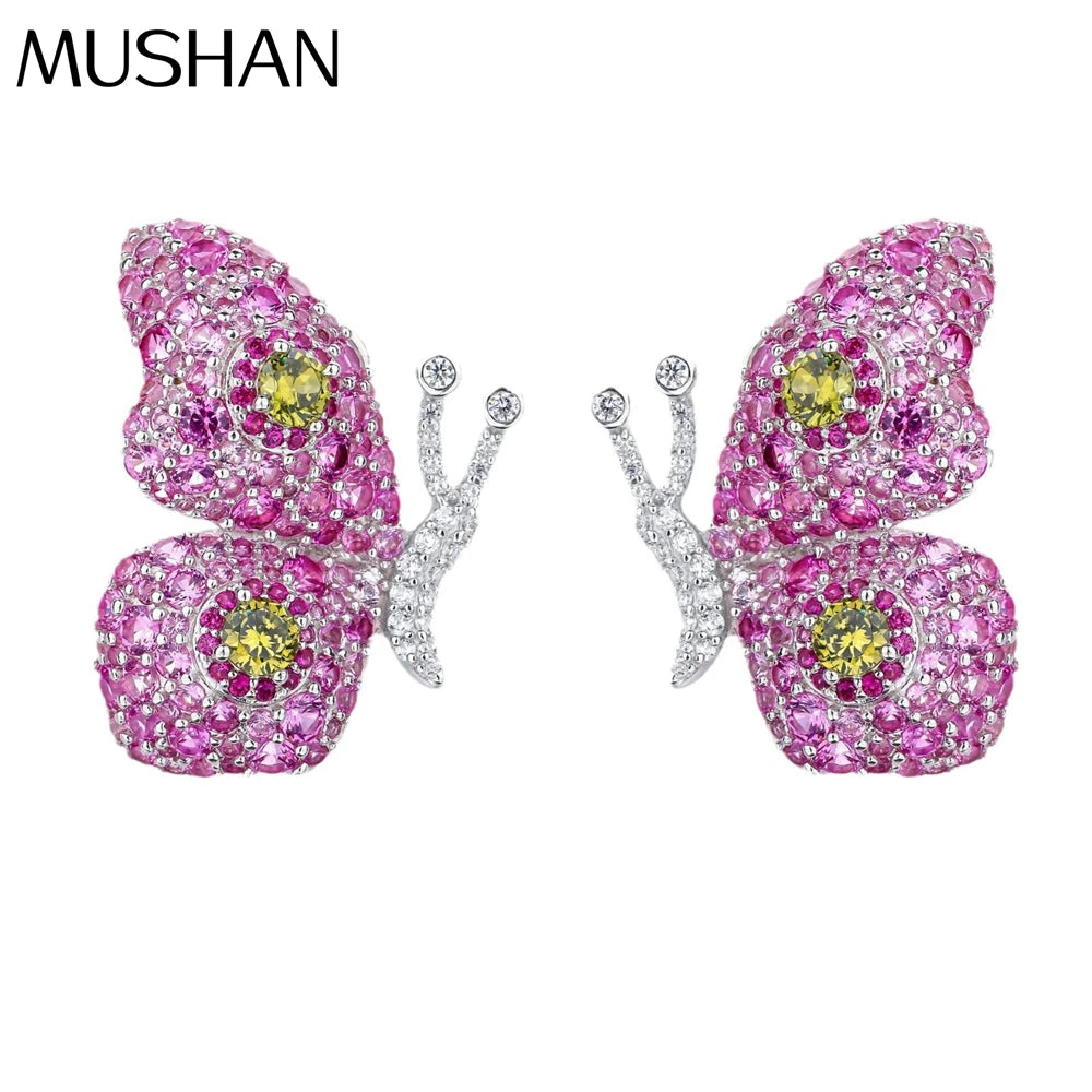 MUSHAN Jewelry Factory S925 Sterling Silver Stud Earrings Electroplated With Gold High Carbon Diamond and Red Gemstone Butterfly