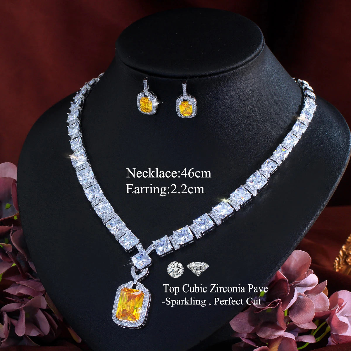 Supper Gorgeous Classy Big Square Yellow Cubic Zircon Arabic Bridal Luxury Party Wedding Jewelry Sets for Women