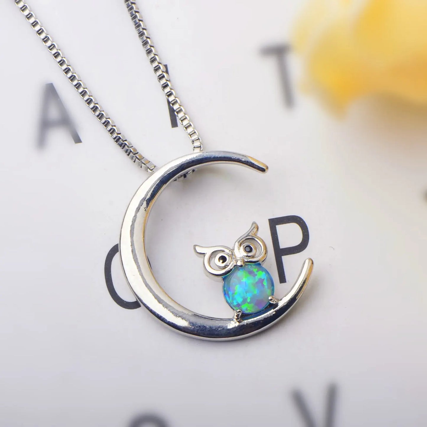 Celestial Moon Owl Copper Sweater Chain Blue Fire Opal Pendant Necklace-Women's Night Theme Jewelry | Whimsical Bulk Gift