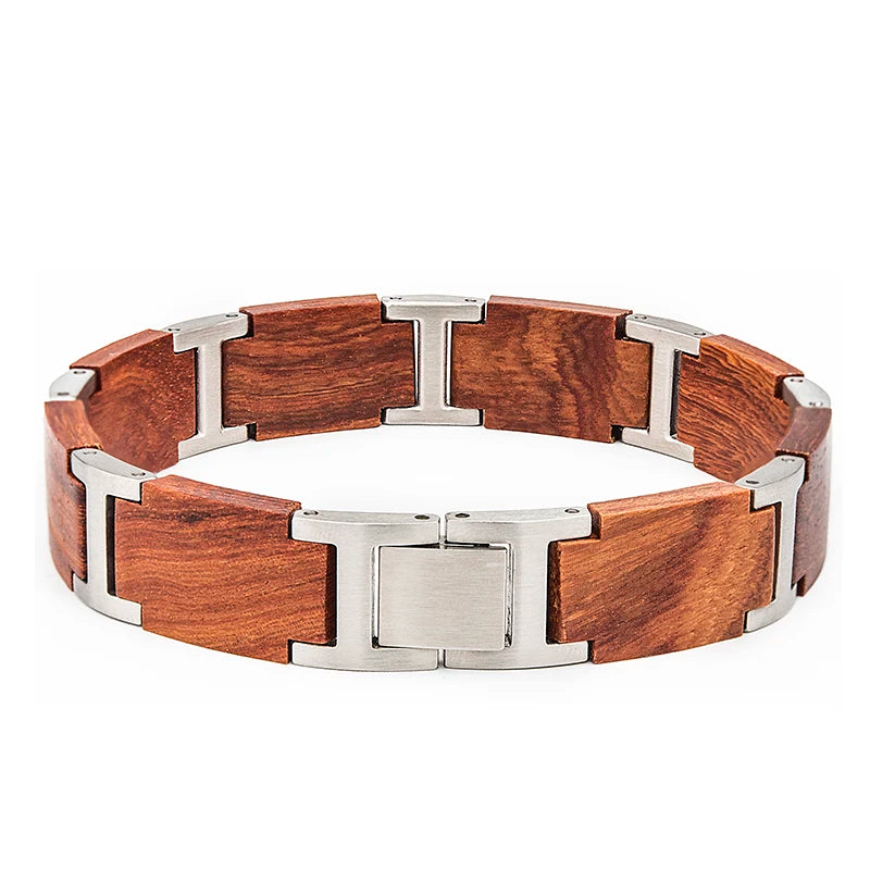 S&S Personalized Custom Name Engraved Stainless Steel & Wooden Chain Link Casual/Sporty Bracelet Gift Men Women Model S03