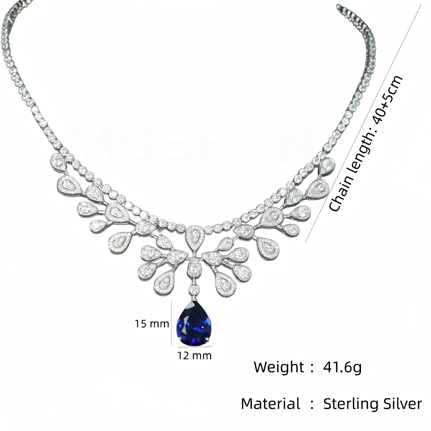 MUSHAN Jewelry Factory 925 Silver Necklaces Party Jewelry High Carbon Diamond and Water Drop Synthetic Sapphire Pendant Necklace