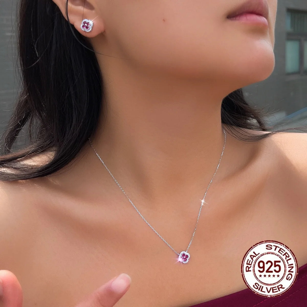 Fine Jewelry Blue CZ Cubic Zirconia  Necklace Earrings S925 Sterling Silver Four Leaf Clover Jewelry Set for Women Daily Wear