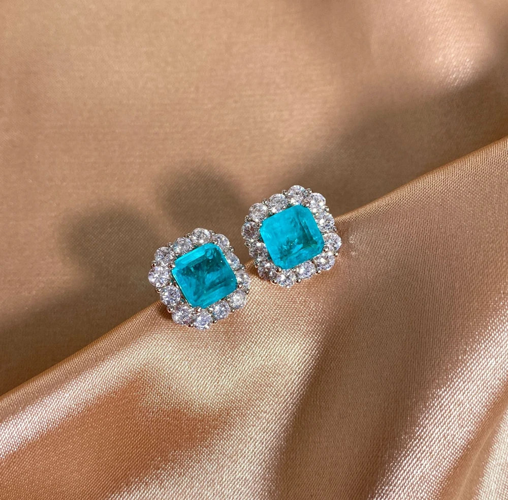 MUSHAN Jewelry Factory Hot Selling 925 Silver 2 Carat Synthetic Paraiba 7*7 Earrings Luxurious and Studded With Diamonds