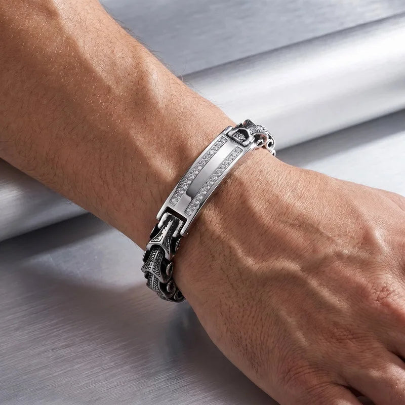 VIKING Double Row Rhinestone Keel Chain Bracelet – Stainless Steel Men's Hip Hop Bangle