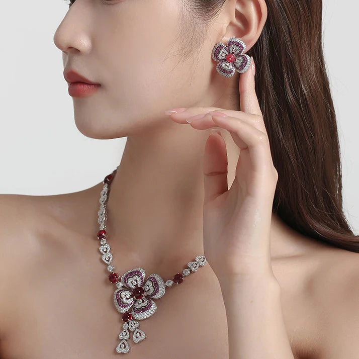 Luxury Round Brilliant Zirconia Floral Middle Eastern 2-Piece Necklace & Earrings Bridal Set — Rhodium Plated