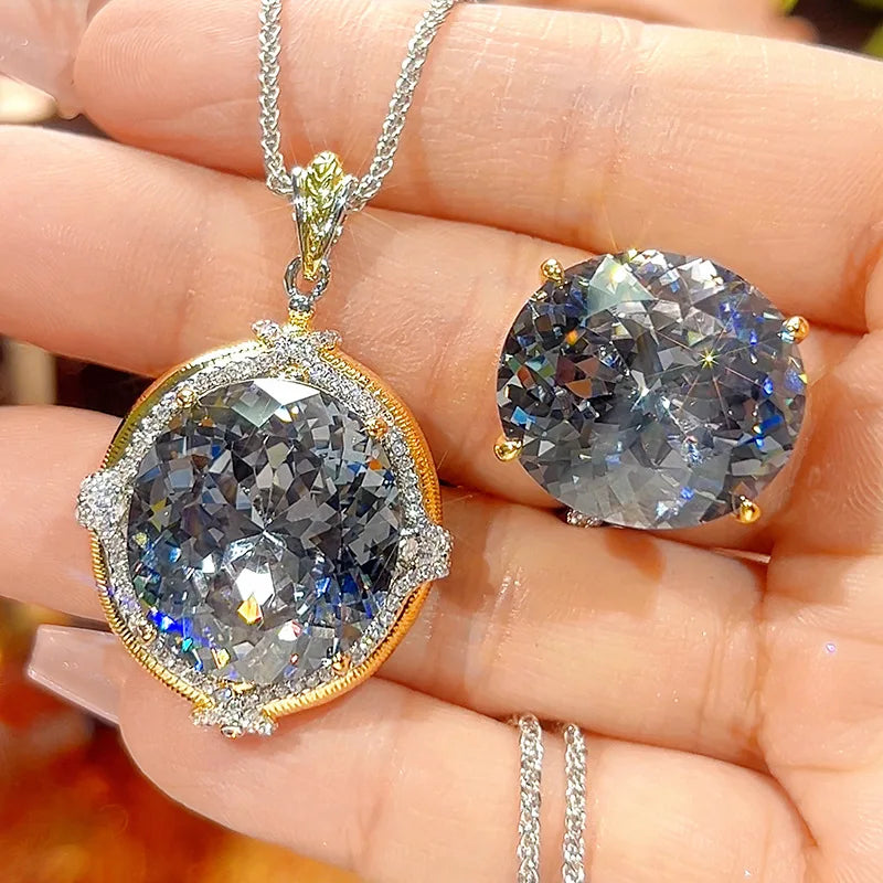 REDheart Fashion Trendy Black Gray Oval Brass Zircon Plating Flower Design Women's Pendant Set 18K Gold Plated Two-Color Opening Ring