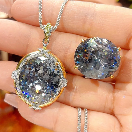 REDheart Fashion Trendy Black Gray Oval Brass Zircon Plating Flower Design Women's Pendant Set 18K Gold Plated Two-Color Opening Ring