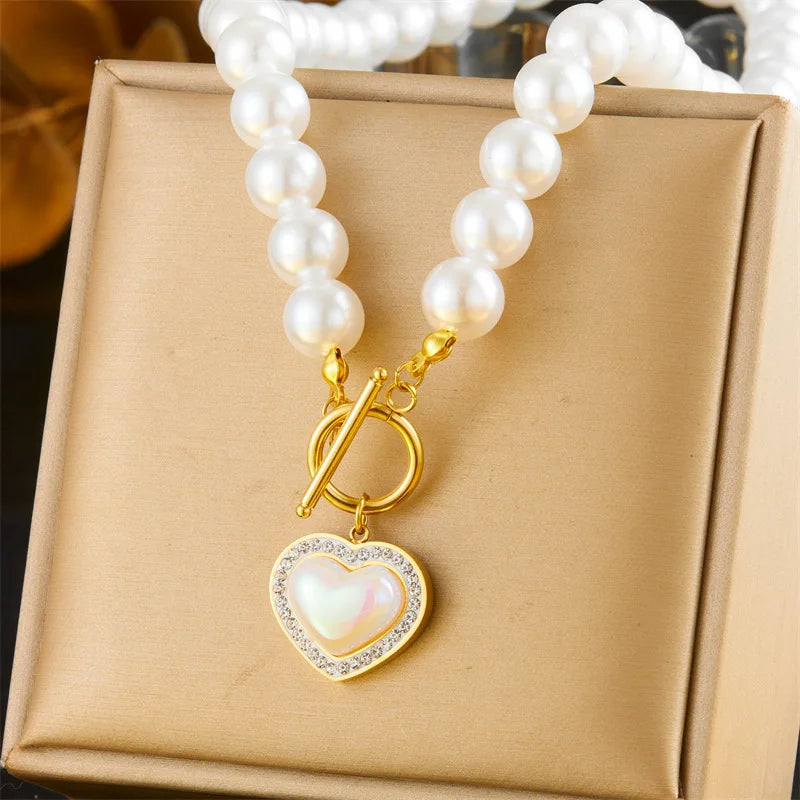 Women's French Vintage Design Pearl Chain Gold-plated OT Clasp Stainless Steel Scallop Starfish Pendant Bracelet Necklace Set